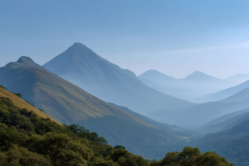 breathtaking view of bright mountain under clear blue sky showcasing its majestic peaks and lush greenery