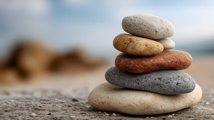 Tranquil Stacked Stones on a Sandy Shoreline with Soft Focus Background and Natural Serenity Captured in Beautiful Composition
