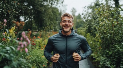 handsome man in sportswear runs through the streets
