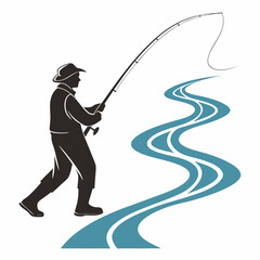 Fisherman silhouette fishing rod river stream design element