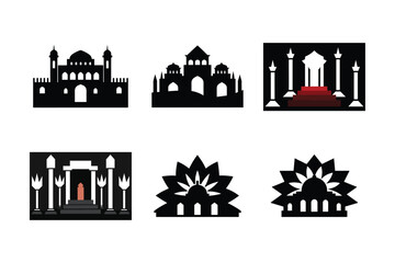 Fototapeta premium Black city landmarks and monuments vector icon set with building and industrial architecture silhouettes for urban design