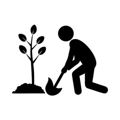 Crisp vector silhouette icon of a person planting a seed on a white background