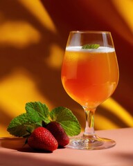 Glass of fruit beer with fruit garnish, vibrant tones, summer vibe