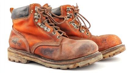 Worn Out Orange Work Boots on White Background with Scuffs and Detailed Lifestyle Features for Industrial Setting