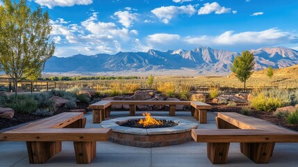 Fototapeta premium A serene outdoor gathering space featuring a circular fire pit surrounded by wooden benches, set against a stunning mountain backdrop under a bright blue sky with fluffy clouds