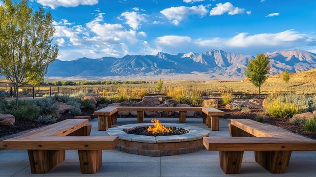 A serene outdoor gathering space featuring a circular fire pit surrounded by wooden benches, set against a stunning mountain backdrop under a bright blue sky with fluffy clouds