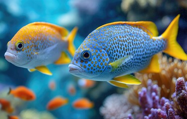 Obraz premium Blue and yellow fish swim among colorful coral reefs in the ocean, surrounded by anemones and other tropical sea life.