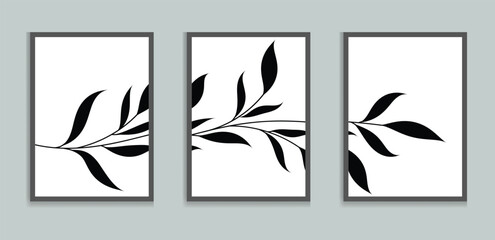 Minimalist Botanical Triptych Wall Art Black Leaves on White 