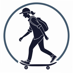 Girl skateboarding silhouette with backpack, clean cutout, transparent background