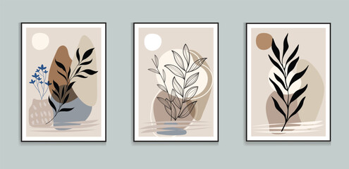 Minimalist Botanical Triptych Wall Art Black Leaves on White 