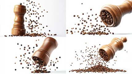 Four pepper grinders with peppercorns dispersing