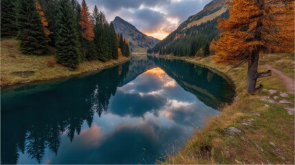 Tranquil Alpine Lake Reflection - Golden Hour Mountain Landscape
