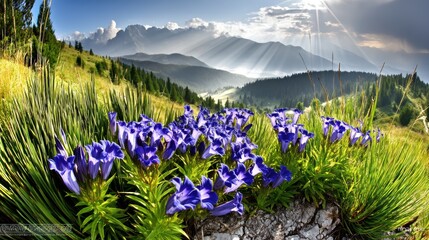 Bluebells Blooming on Hillside with Misty Mountain Backdrop