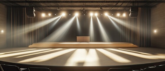 A well-lit stage in a modern auditorium featuring a central podium, with beams of light creating a dramatic atmosphere, perfect for presentations or performances
