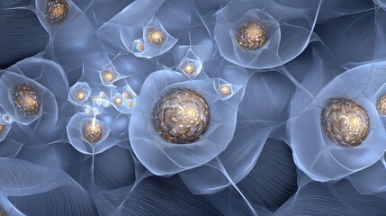 Intricate Fractal Blue Blooms with Golden Core - Abstract Art & Design Element