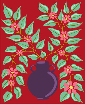 Botanical flower vase Minimal Art Print Hand drawn leaves shapes Matisse style, naive art, contemporary dark red backgrounds