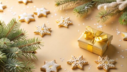 A golden gift box with a satin ribbon rests among frosted star-shaped cookies and sprigs of evergreen, scattered with glittering snowflakes, creating a festive backdrop for a winter wonderland.
