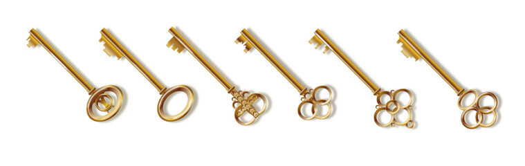 Key 3d realistic golden old vintage. Old luxury escape room keys. Vector