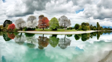 Autumn Reflection: Vibrant Trees Mirroring in Tranquil Lakeside Scene