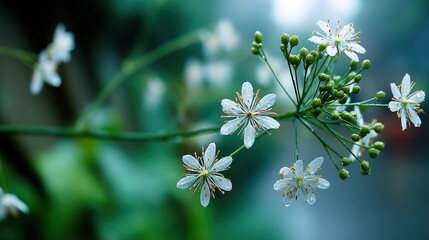 Delicate White Flowers on Stem Against Blurred Green Background