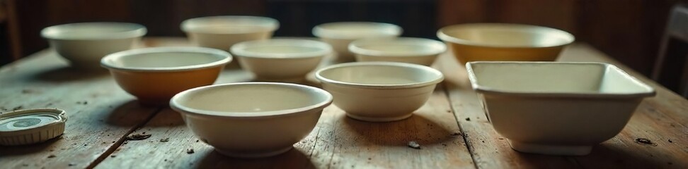 Close-up of empty bowls and discarded takeout containers on a cluttered table, symbolizing the emptiness and lack of appetite associated with depression ,  cluttered,  apathy,  dim light
