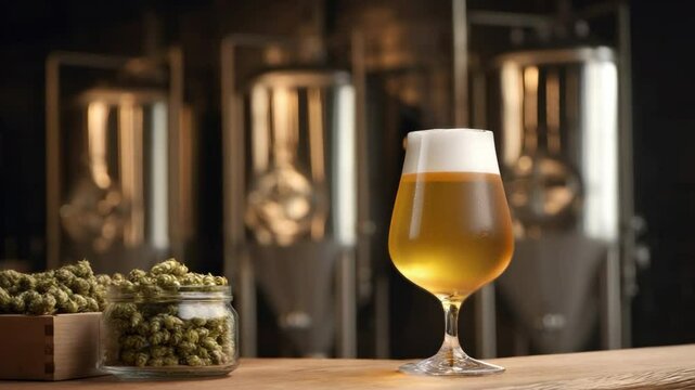 Craft Beer Glass: A close-up shot of a glass of light-colored craft beer with a thick head, sitting on a wooden bar top.  In the background, brewing equipment and hops are subtly visible.