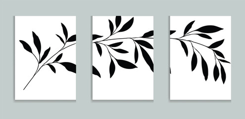 Minimalist Botanical Triptych Wall Art Black Leaves on White 