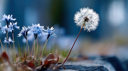 Ephemeral Dandelion Dreamscape: Delicate Bloom Against Misty Landscape