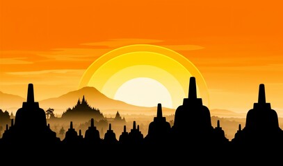 Fototapeta premium Silhouetted Temples at Sunrise, Borobudur and Mendut, Indonesia