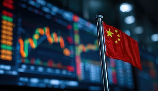Chinese flag with stock market data display.