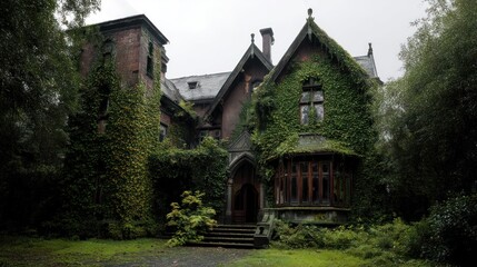 Obraz premium Abandoned mansion overgrown with ivy