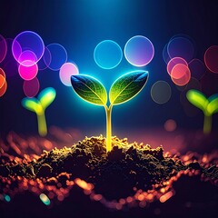 Abstract glowing one tiny blue plant seedling sprouting from colorful soil, dark blue background