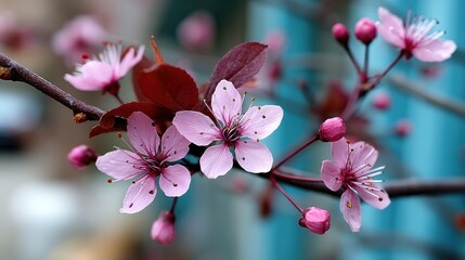 Cherry Blossom Branch Against Soft Blue Background