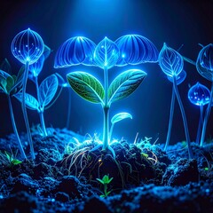 Abstract glowing one tiny blue plant seedling sprouting from soil, in a dark blue water