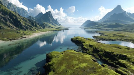 Dramatic Coastal Fjord Landscape with Lush Green Slopes and Blue Water