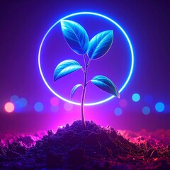 Abstract glowing circle plant seedling sprouting from soil violet background
