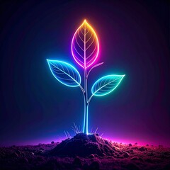 Abstract glowing colorful plant seedling sprouting from soil