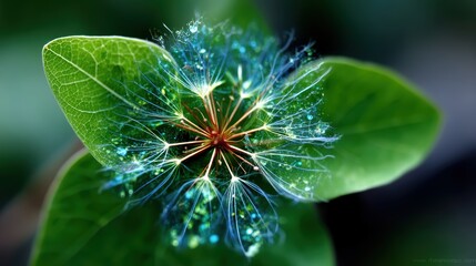 Detailed Dandelion Seed Head with Dew Drops on a Vibrant Green Leaf
