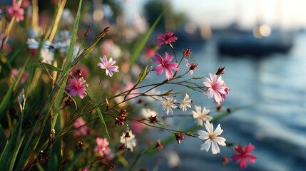 Delicate Wildflowers Bloom by Gentle Waterscape, Soft Focus