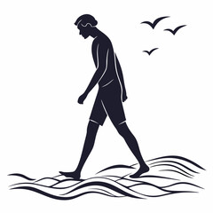 Man walking on ocean waves silhouette summer vacation beach