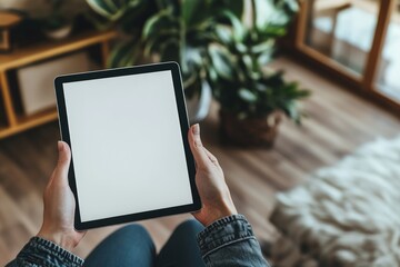 Hands holding a blank tablet screen in a cozy home setting