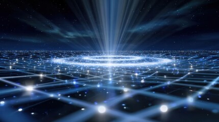 Internet symbol in futuristic grid with glowing nodes and lines