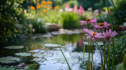 A tranquil pond with lily pads and purple coneflowers in a lush garden.