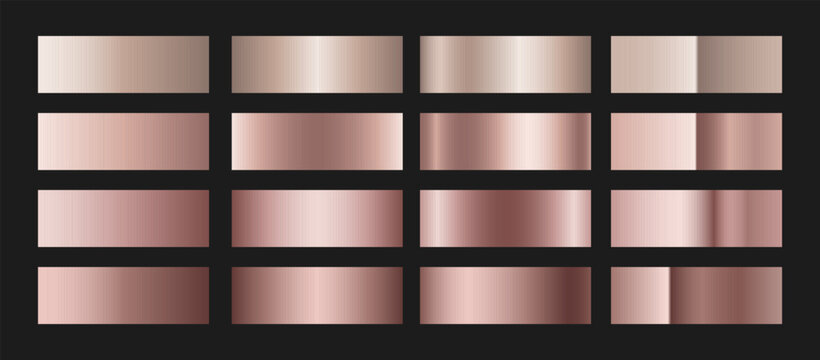 Elegant rose gold gradient swatches collection. Metallic textures with polished foil shine and satin smooth. Glossy palette for modern and luxury designs and branding