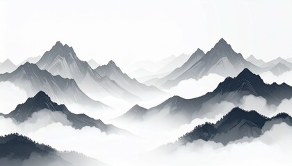 Monochrome Mountainscape Peaks Through the Mist
