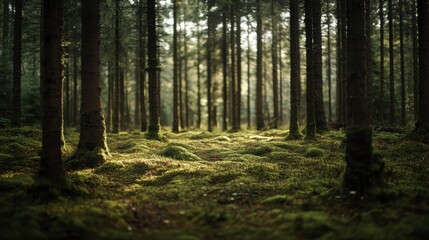 Obraz premium Enchanting Mossy Forest Path Sunlit Trees
