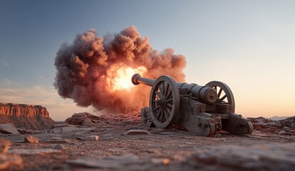 Historic cannon firing at sunset in desert landscape.