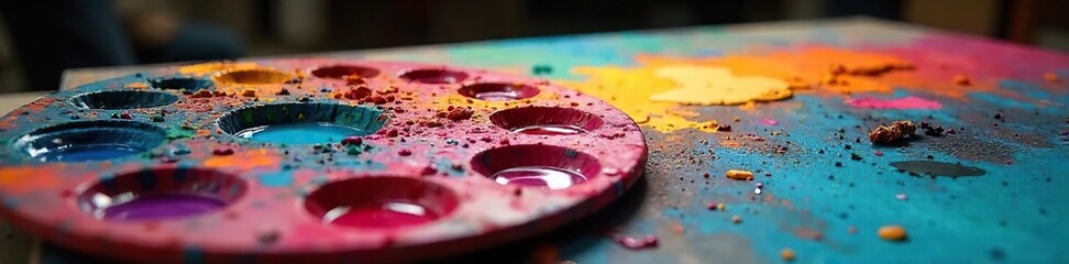 Fototapeta premium A vibrant studio shot of an artist's palette overflowing with richly mixed oil paints, brushes, and a canvas displaying bold strokes of color , artist, brushes, modern art