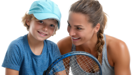Tennis Lesson: A moment of coaching and mentorship, a young boy beaming with happiness as he's guided by a patient instructor, holding a tennis racket.