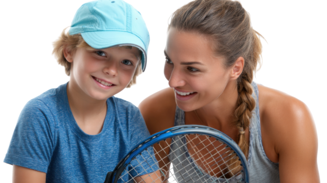 Tennis Lesson: A moment of coaching and mentorship, a young boy beaming with happiness as he's guided by a patient instructor, holding a tennis racket.